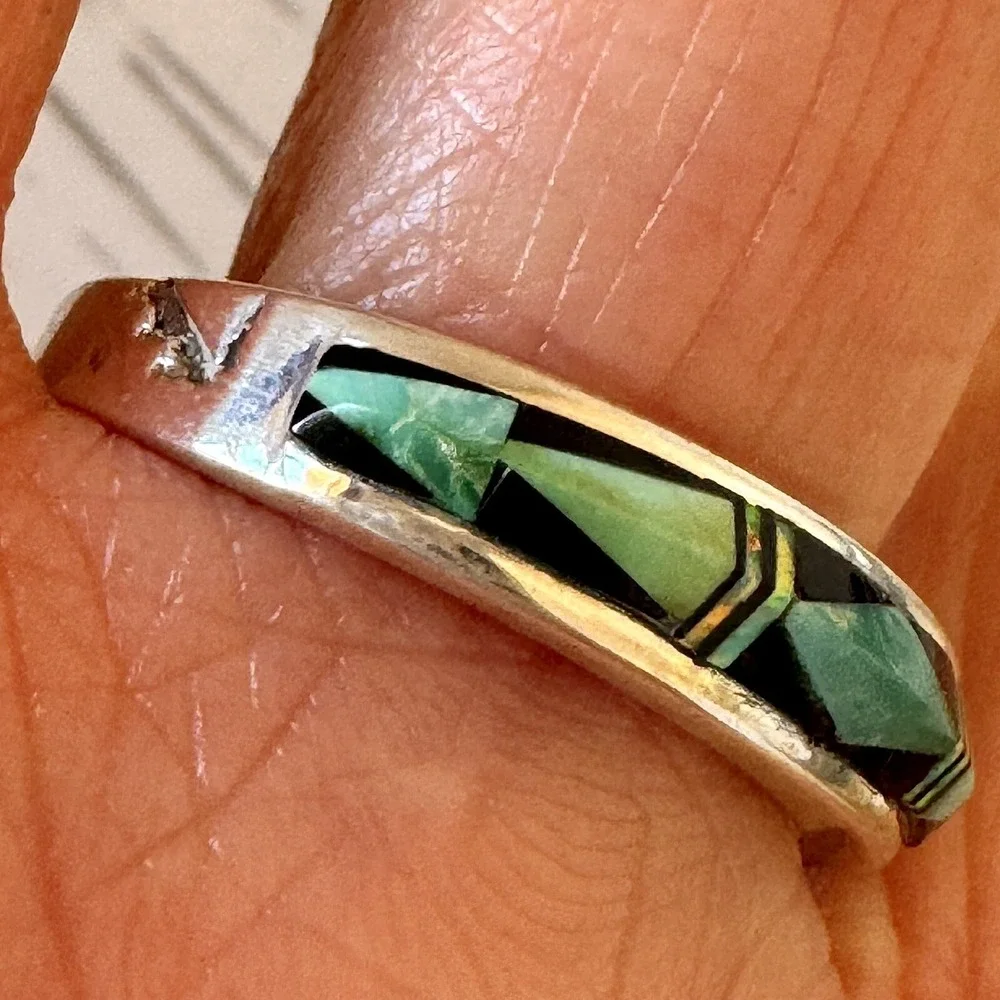 Navajo Turquoise Wedding Band Sz 8 Ring Inlay 6mm Opal‎ Multi Stone Mens Signed